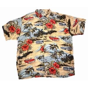 VINTAGE Y2K BIG DOGS CAR DOG FLORAL PALM TREE HUT HAWAIIAN SHIRT XL